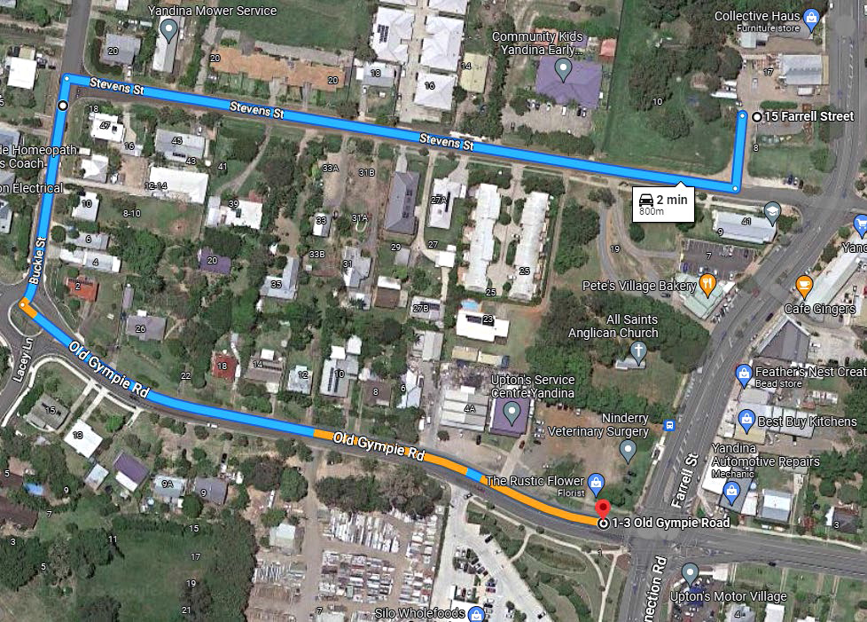 Servo exit route of fuel tanker, turning right onto Stevens Street, then left onto Buckle Street, then left onto Old Gympie Road.